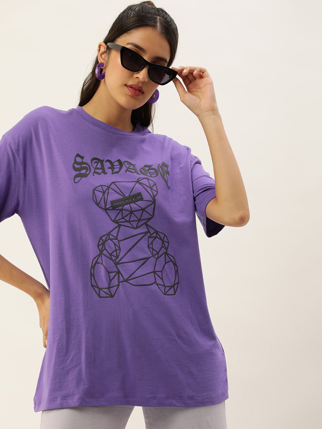 

Kook N Keech Printed Drop-Shoulder Sleeves Oversized Pure Cotton T-shirt, Purple