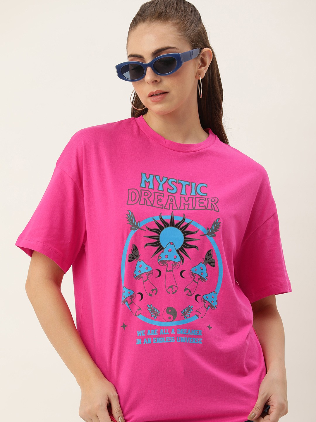 

Kook N Keech Graphic Printed Drop-Shoulder Sleeves Pure Cotton Oversized T-shirt, Fuchsia