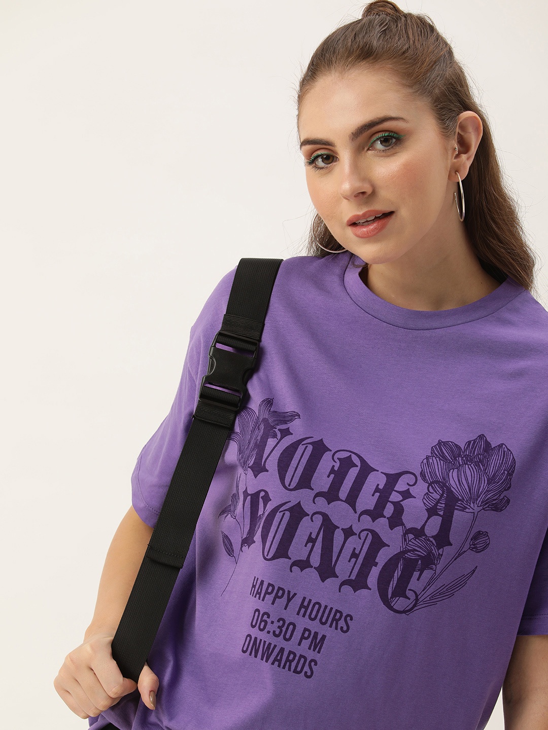 

Kook N Keech Graphic Printed Drop-Shoulder Sleeves Pure Cotton Oversized T-shirt, Purple