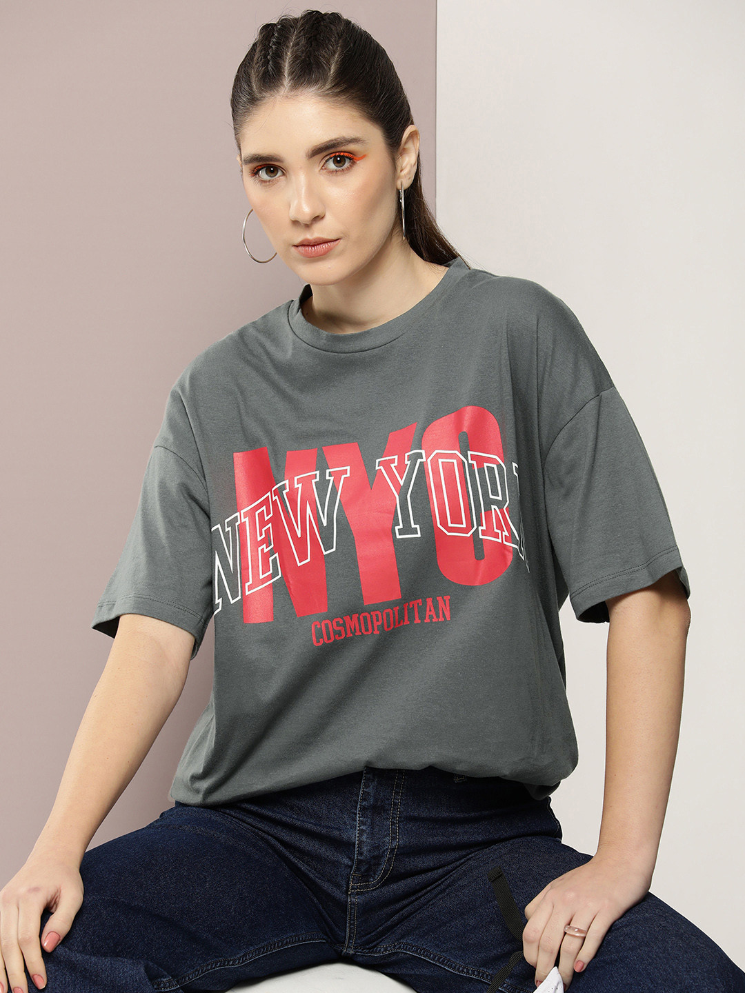 

Kook N Keech Typography Printed Drop-Shoulder Sleeves Pure Cotton Oversized T-shirt, Charcoal