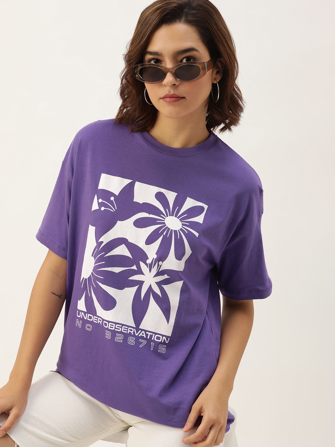 

Kook N Keech Printed Drop-Shoulder Sleeves Pure Cotton Oversized T-shirt, Purple