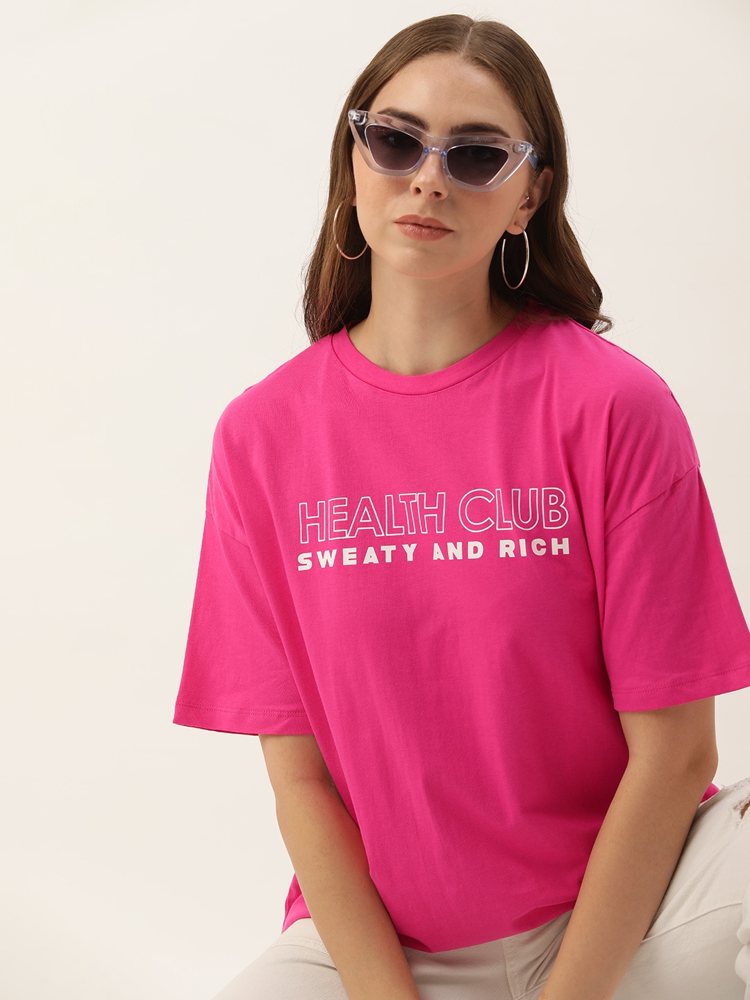 

Kook N Keech Printed Drop-Shoulder Sleeves Pure Cotton Oversized T-shirt, Pink
