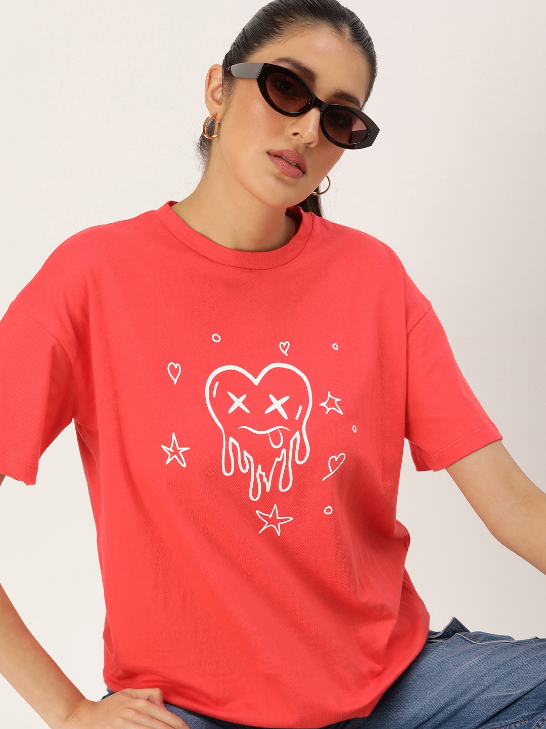 

Kook N Keech Pure Cotton Printed Drop-Shoulder Sleeves Oversize Casual T-shirt, Red