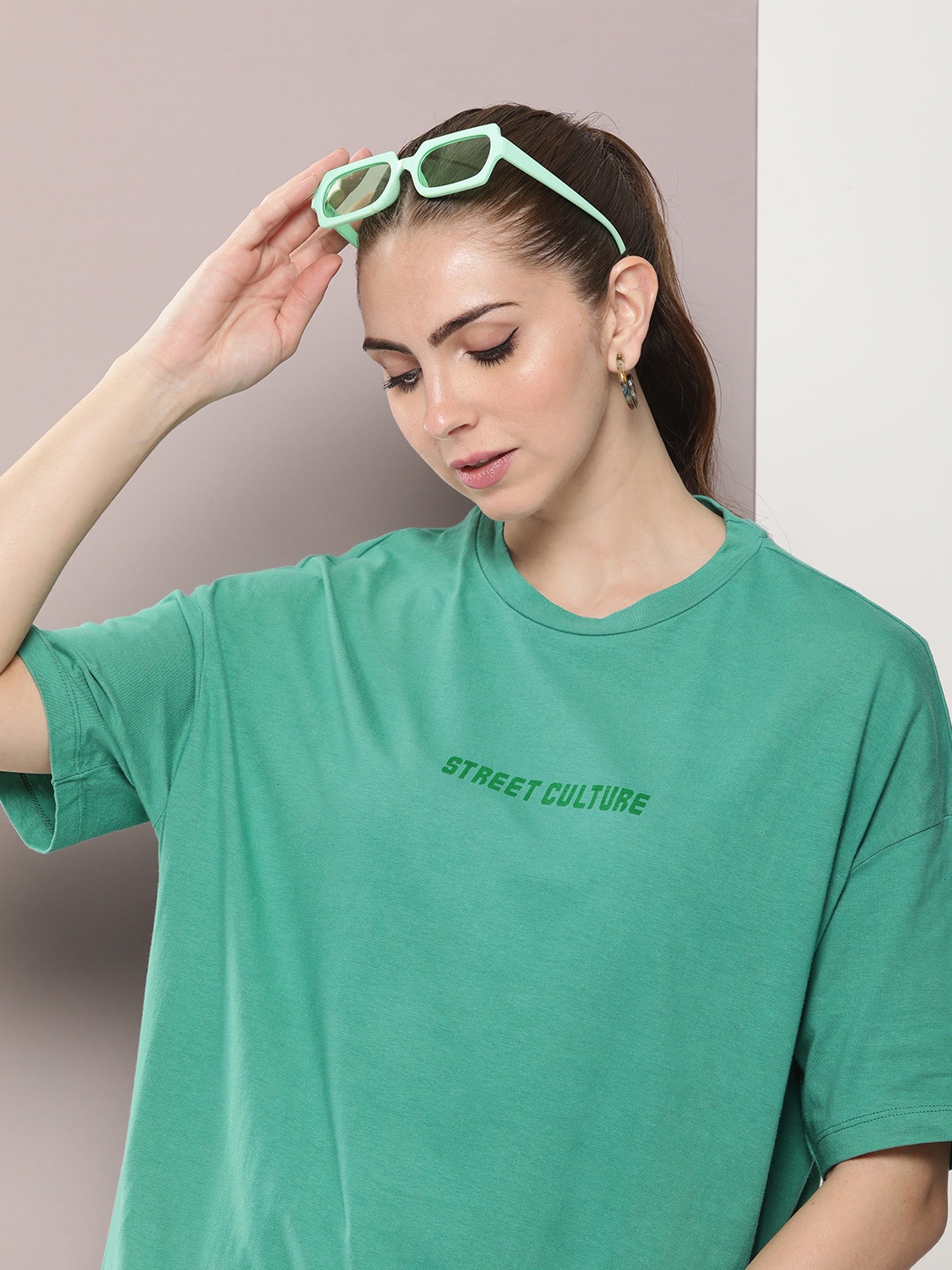 

Kook N Keech Drop-Shoulder Sleeves Oversized Pure Cotton T-shirt, Green