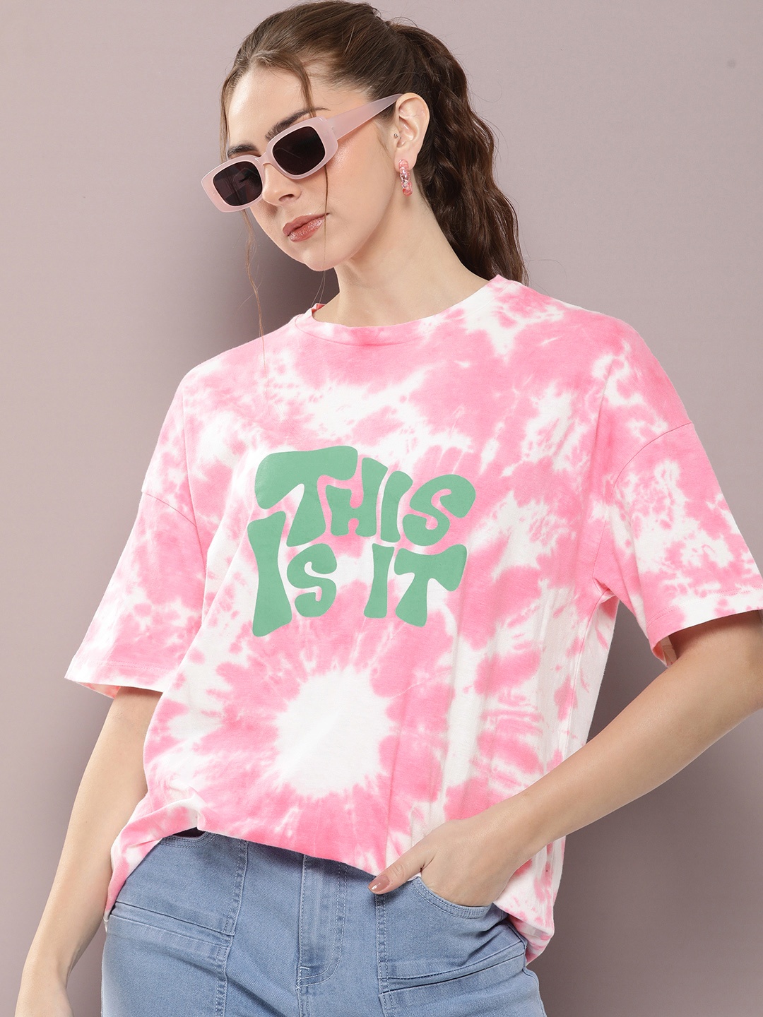 

Kook N Keech Tie and Dye Printed Drop-Shoulder Sleeves Oversize Pure Cotton T-shirt, Pink