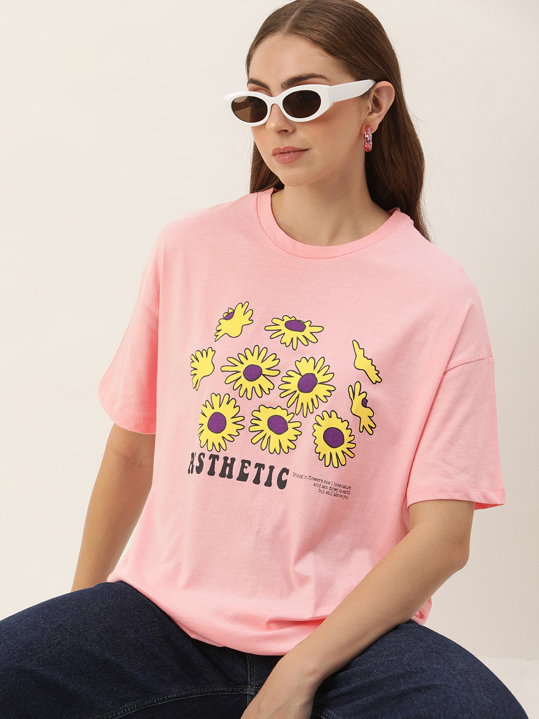 

Kook N Keech Printed Drop-Shoulder Sleeves Pure Cotton Oversized T-shirt, Pink