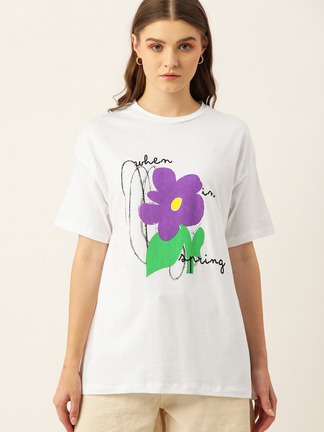 

Kook N Keech Floral Printed Drop-Shoulder Oversize Pure Cotton T-shirt, White