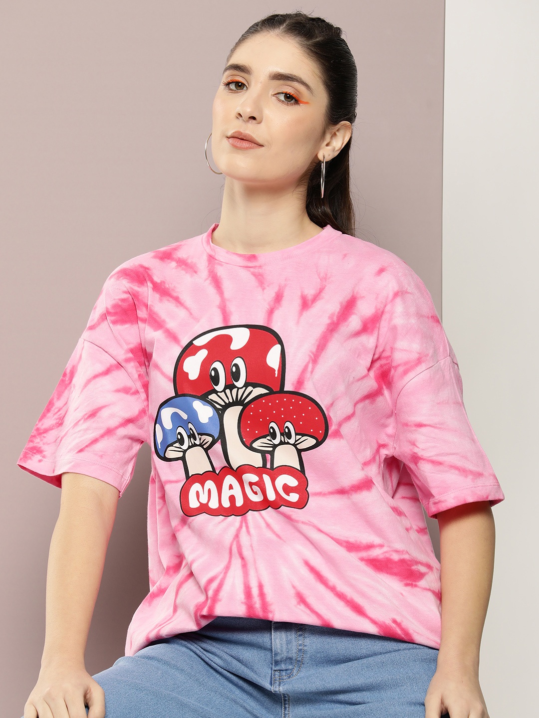 

Kook N Keech Graphic With Tie & Dye Drop-Shoulder Sleeves Pure Cotton Oversized T-shirt, Pink