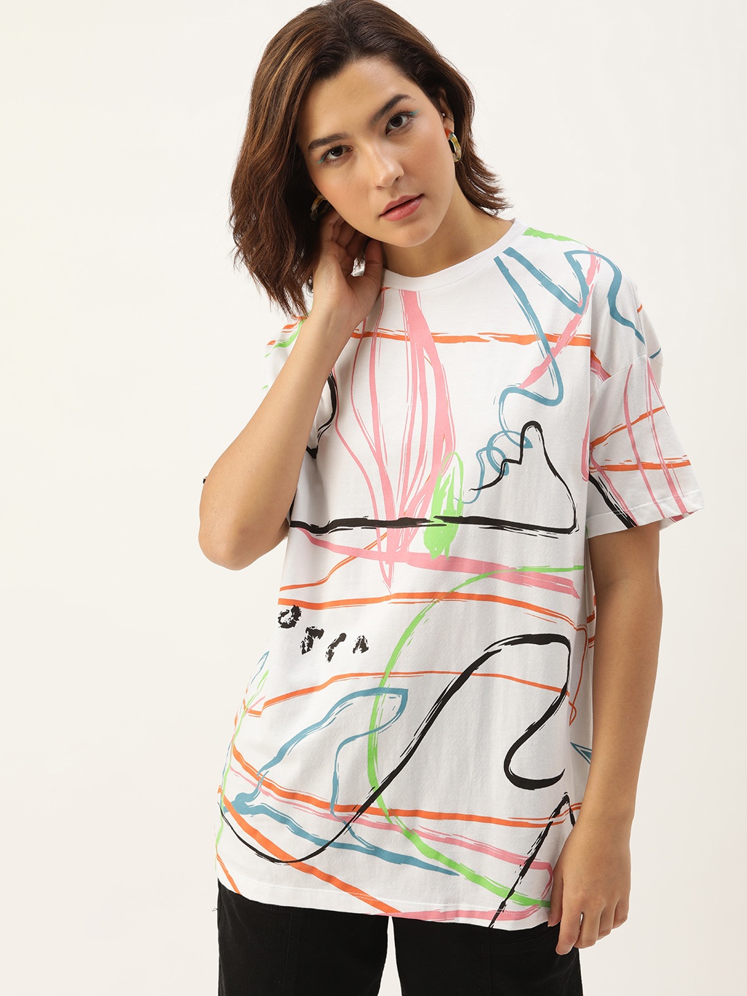 

Kook N Keech Abstract Printed Drop-Shoulder Pure Cotton Oversized T-shirt, Multi