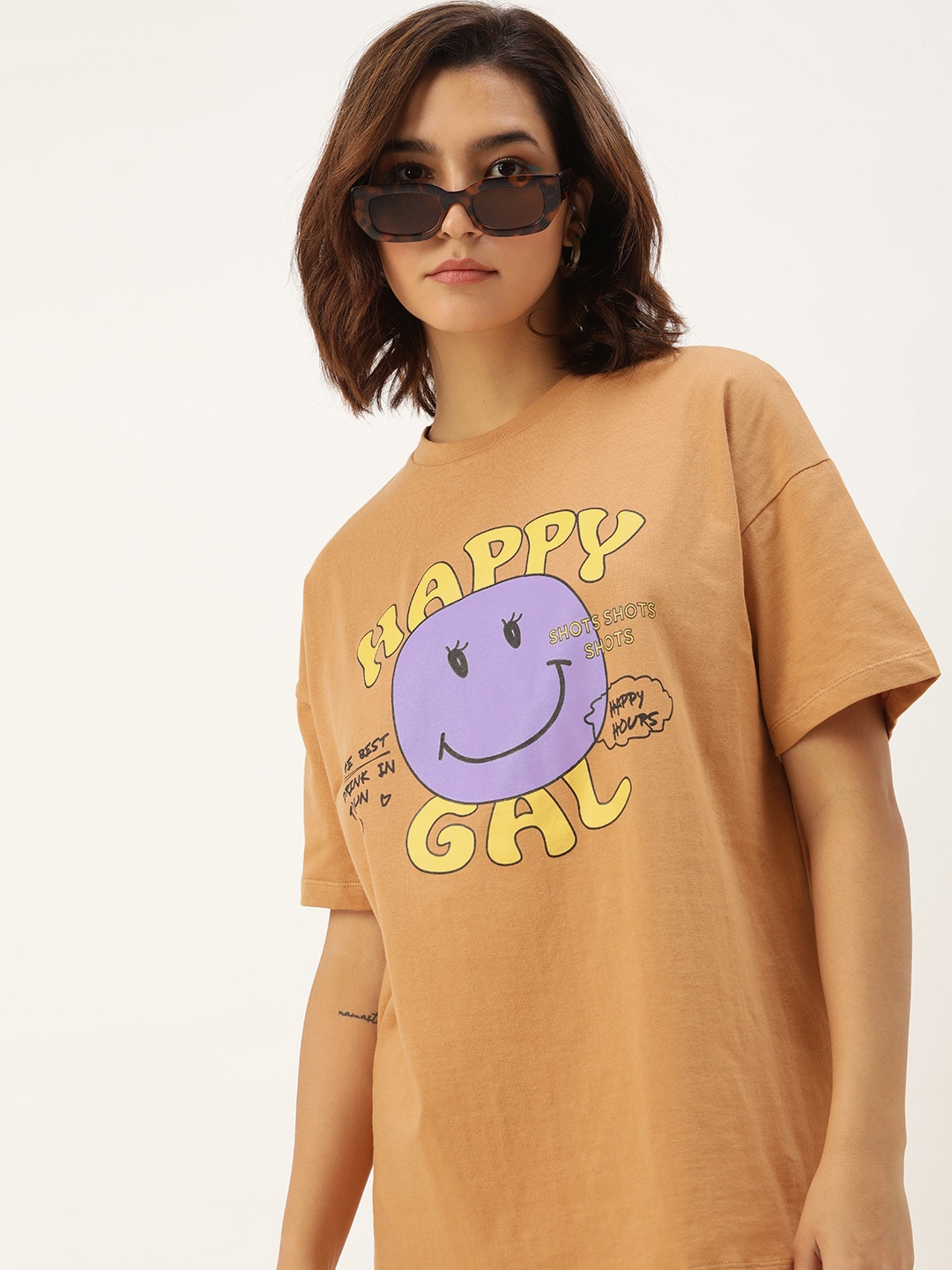 

Kook N Keech Printed Drop-Shoulder Pure Cotton Oversized T-shirt, Brown