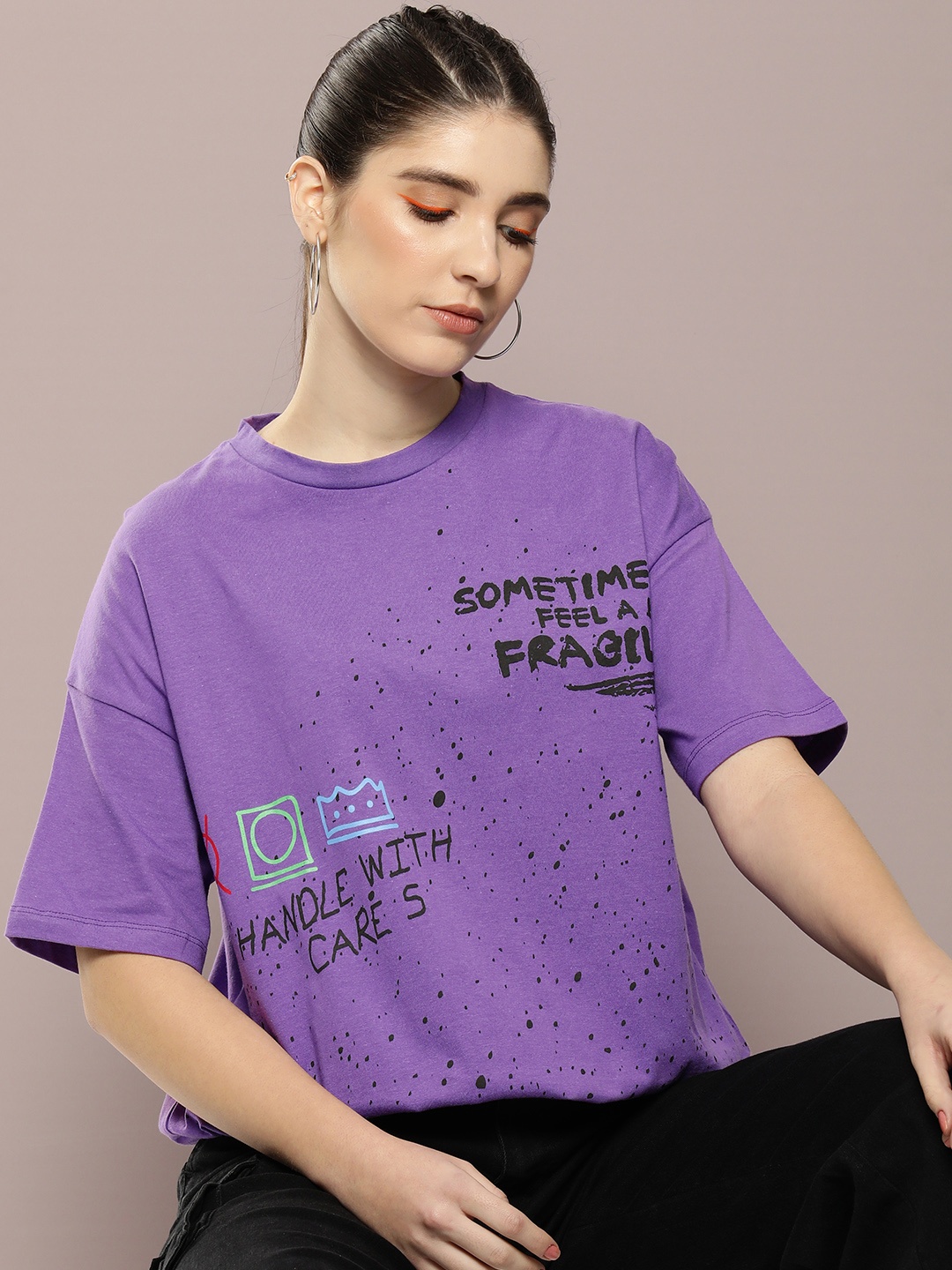 

Kook N Keech Typography Printed Drop-Shoulder Sleeves Pure Cotton Oversized T-shirt, Purple