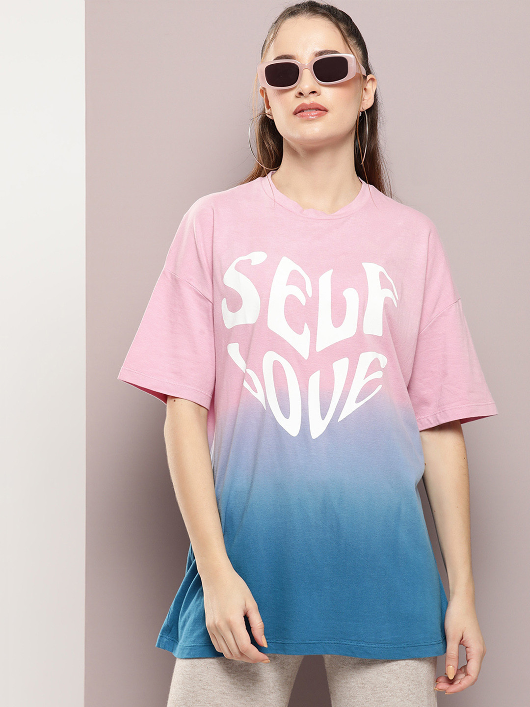 

Kook N Keech Typography Printed Drop-Shoulder Sleeves Pure Cotton Oversized T-shirt, Pink