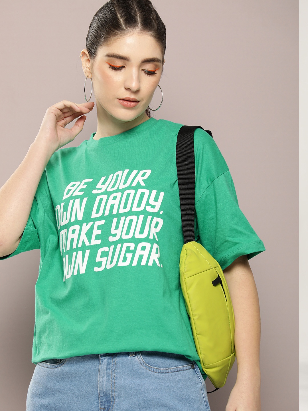 

Kook N Keech Typography Printed Drop-Shoulder Sleeves Pure Cotton Oversized T-shirt, Green