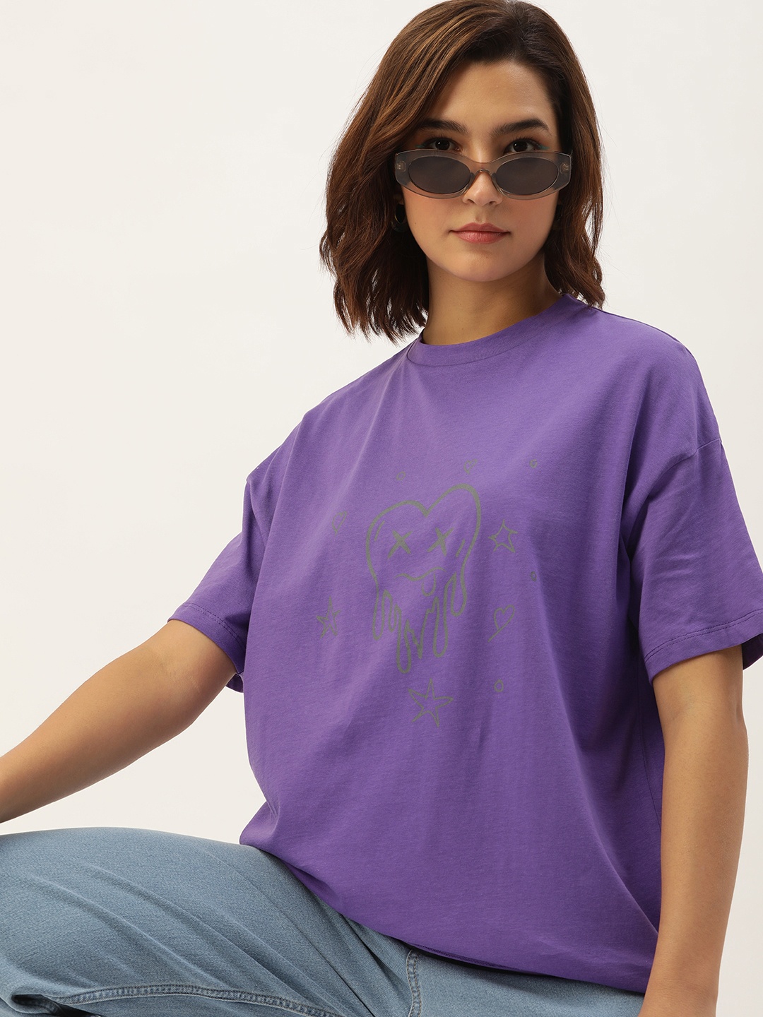 

Kook N Keech Printed Drop-Shoulder Sleeves Pure Cotton Oversized T-shirt, Purple