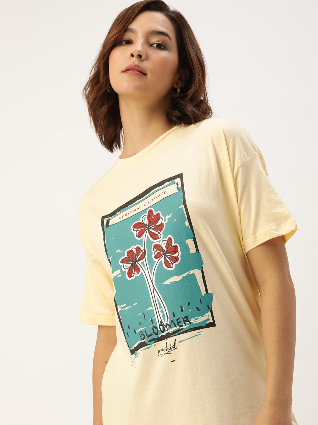 

Kook N Keech Printed Drop-Shoulder Pure Cotton Oversized T-shirt, Yellow