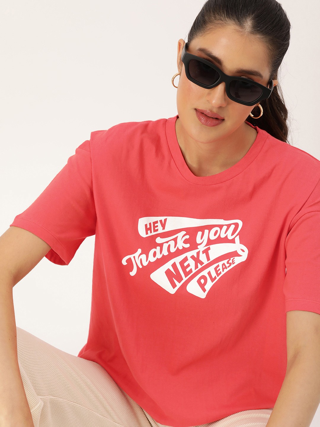Kook N Keech Pure Cotton Typography Printed Drop-Shoulder Sleeves Oversize Casual T-shirt, Red
