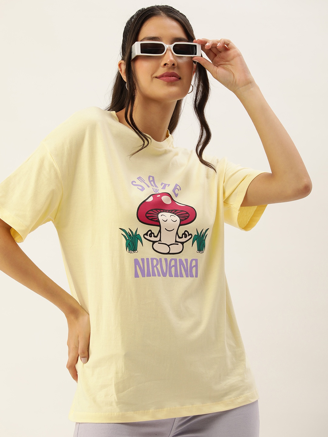 

Kook N Keech Printed Drop-Shoulder Sleeves Oversized Pure Cotton T-shirt, Yellow
