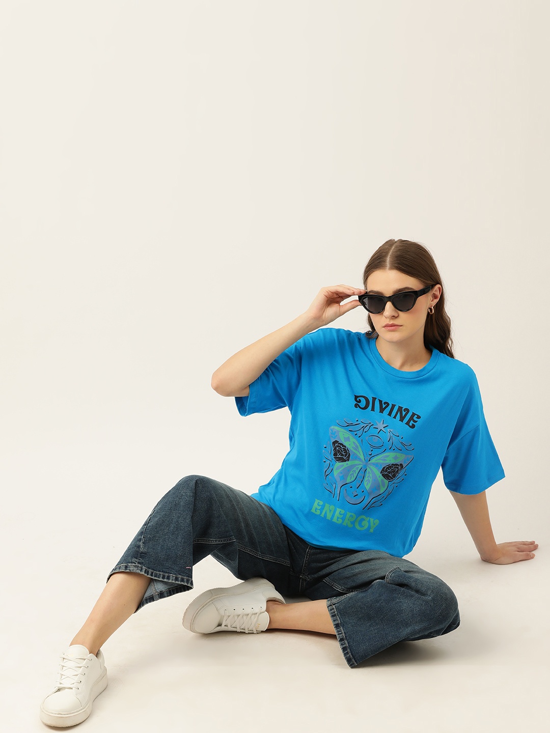

Kook N Keech Printed Drop-Shoulder Sleeves Pure Cotton Oversize T-shirt, Blue