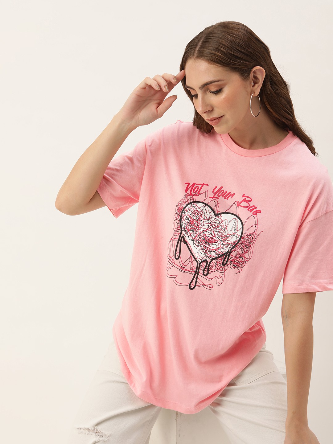 

Kook N Keech Printed Drop-Shoulder Sleeves Pure Cotton Oversized T-shirt, Pink