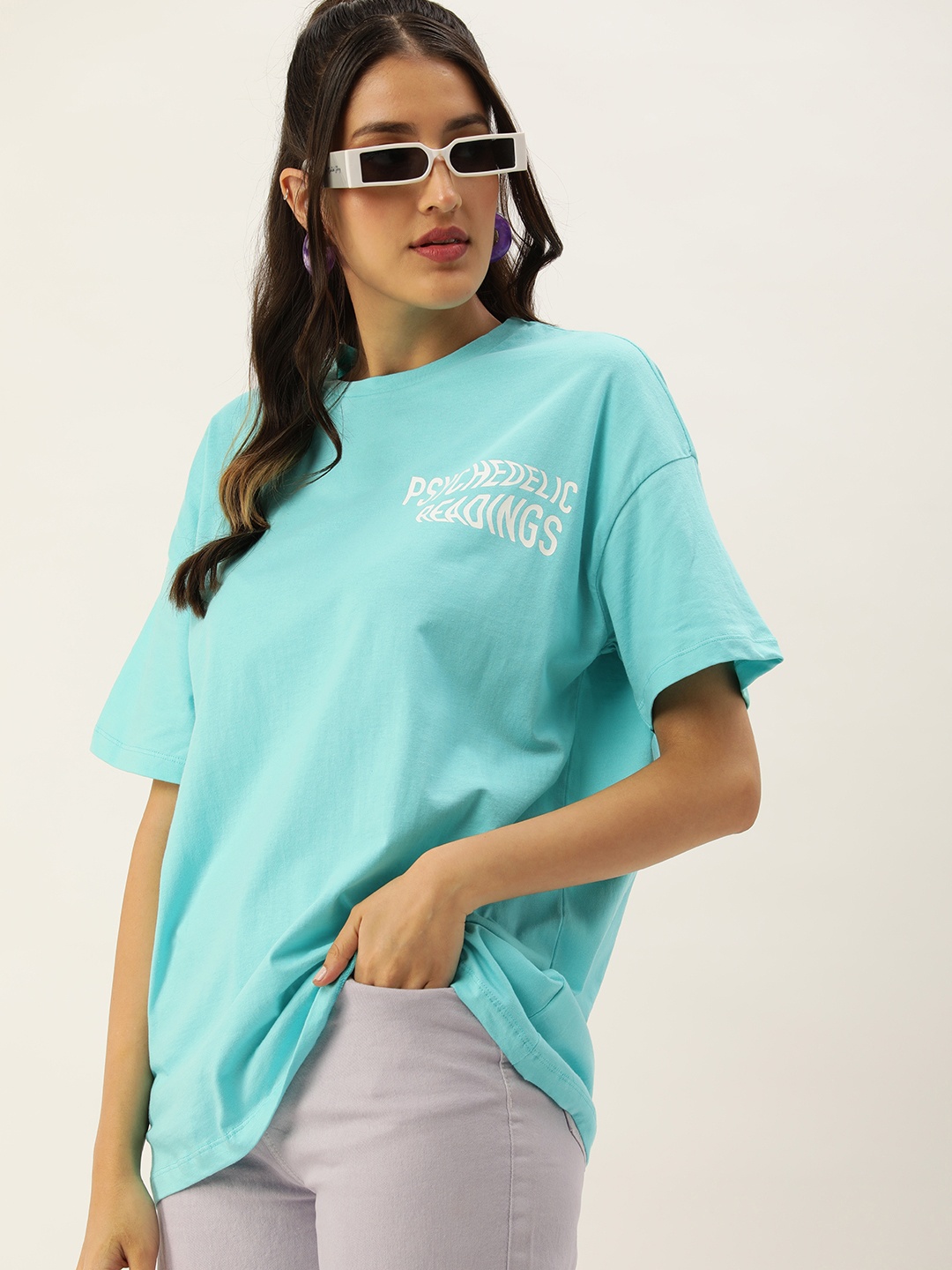 

Kook N Keech Drop-Shoulder Sleeves Oversized Pure Cotton T-shirt, Blue