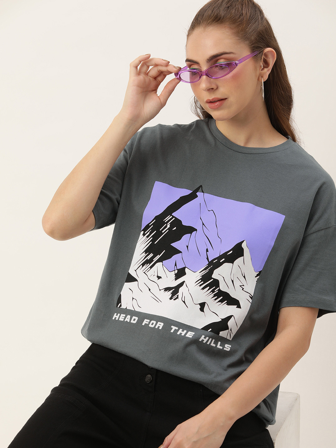

Kook N Keech Graphic Printed Drop-Shoulder Sleeves Pure Cotton Oversized T-shirt, Grey