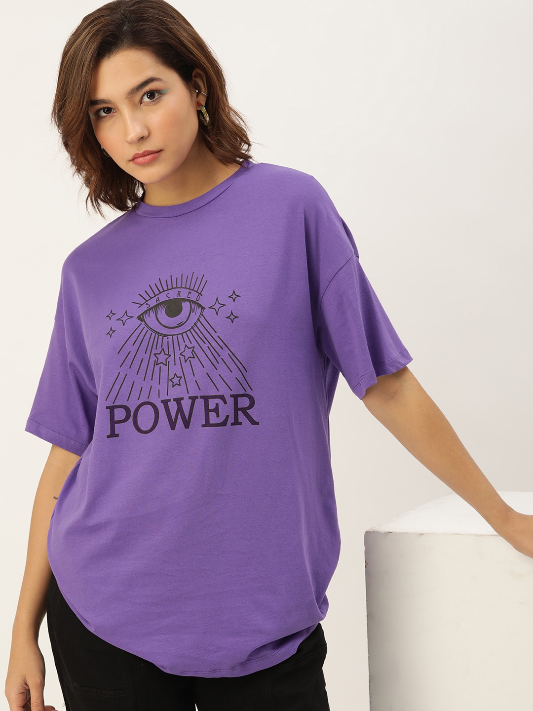 

Kook N Keech Printed Drop-Shoulder Sleeves Pure Cotton Oversized T-shirt, Purple