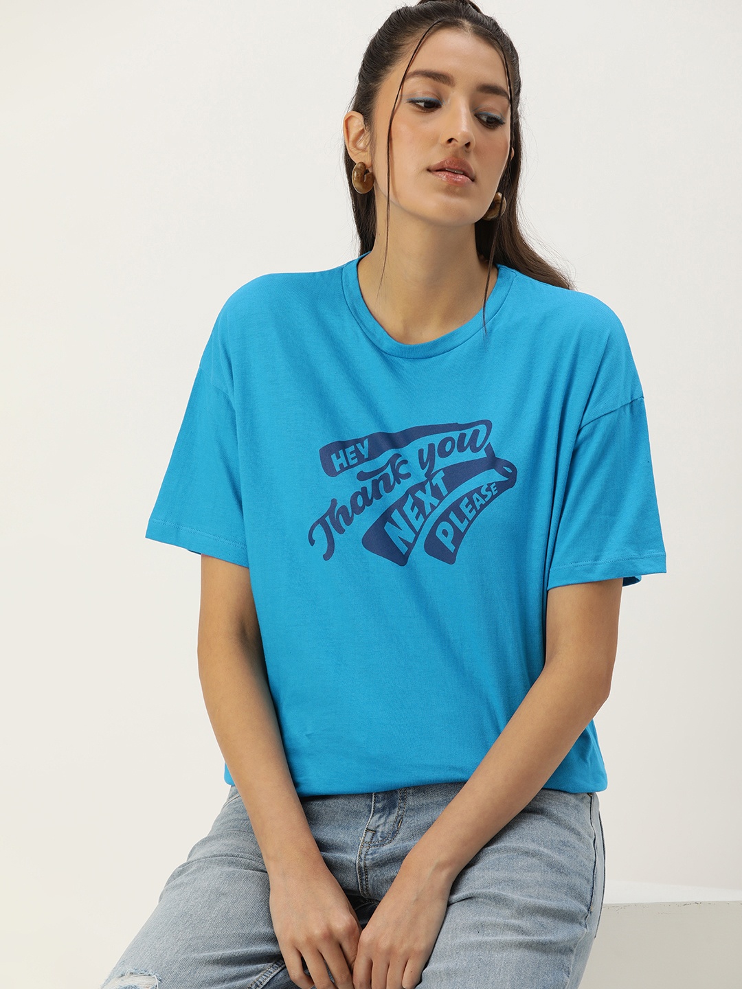 

Kook N Keech Typography Printed Drop-Shoulder Sleeves Pure Cotton Oversize T-shirt, Blue