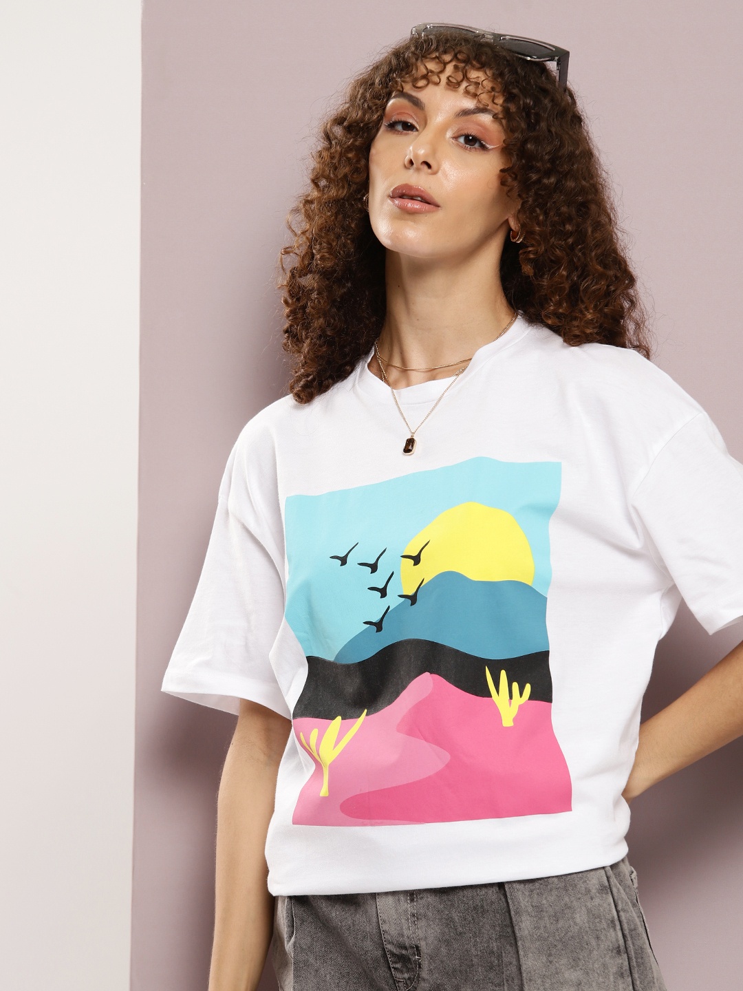 Kook N Keech Printed Drop-Shoulder Sleeves Pure Cotton Oversized T-shirt, White