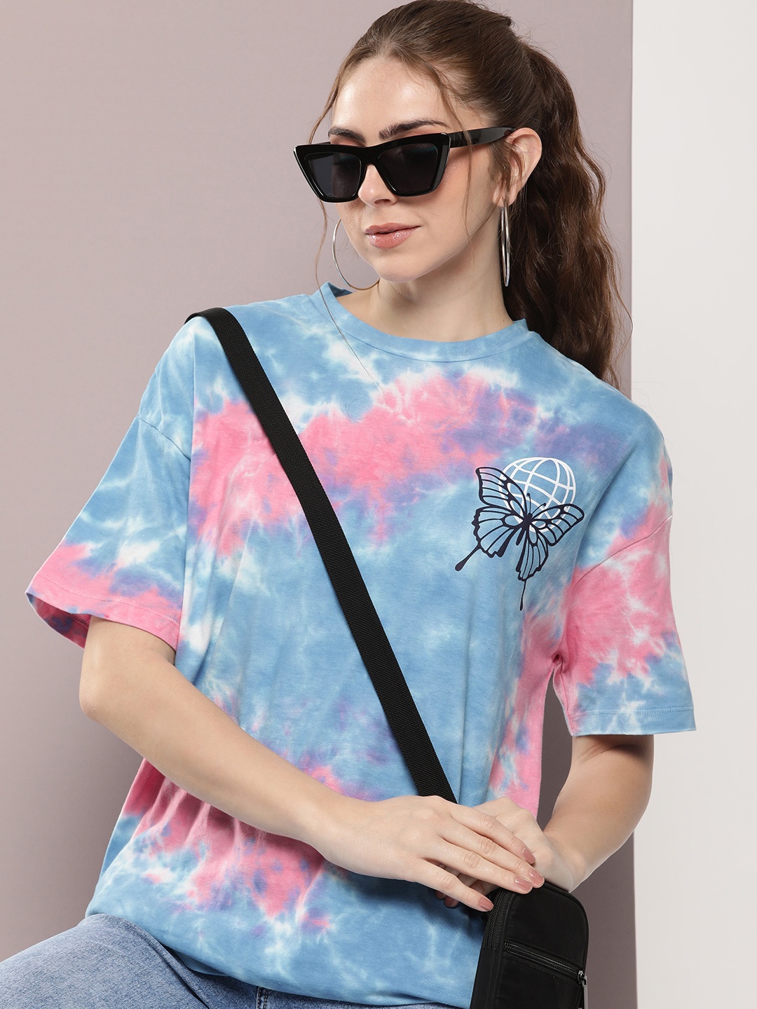 

Kook N Keech Tie and Dye Printed Drop-Shoulder Sleeves Pure Cotton Oversized T-shirt, Blue