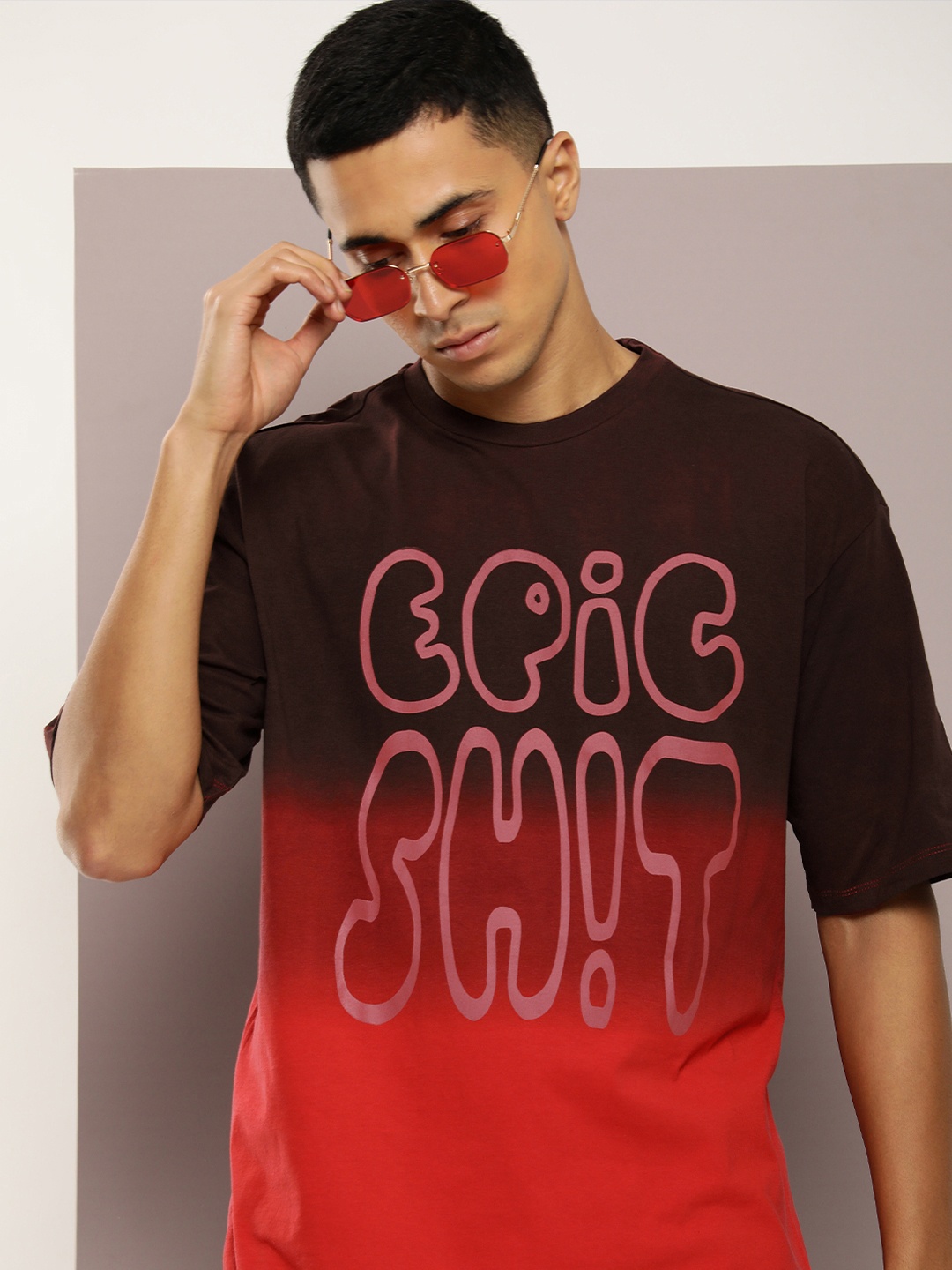 

Kook N Keech Tie and Dye Printed Drop-Shoulder Sleeves Pure Cotton Oversized T-shirt, Red