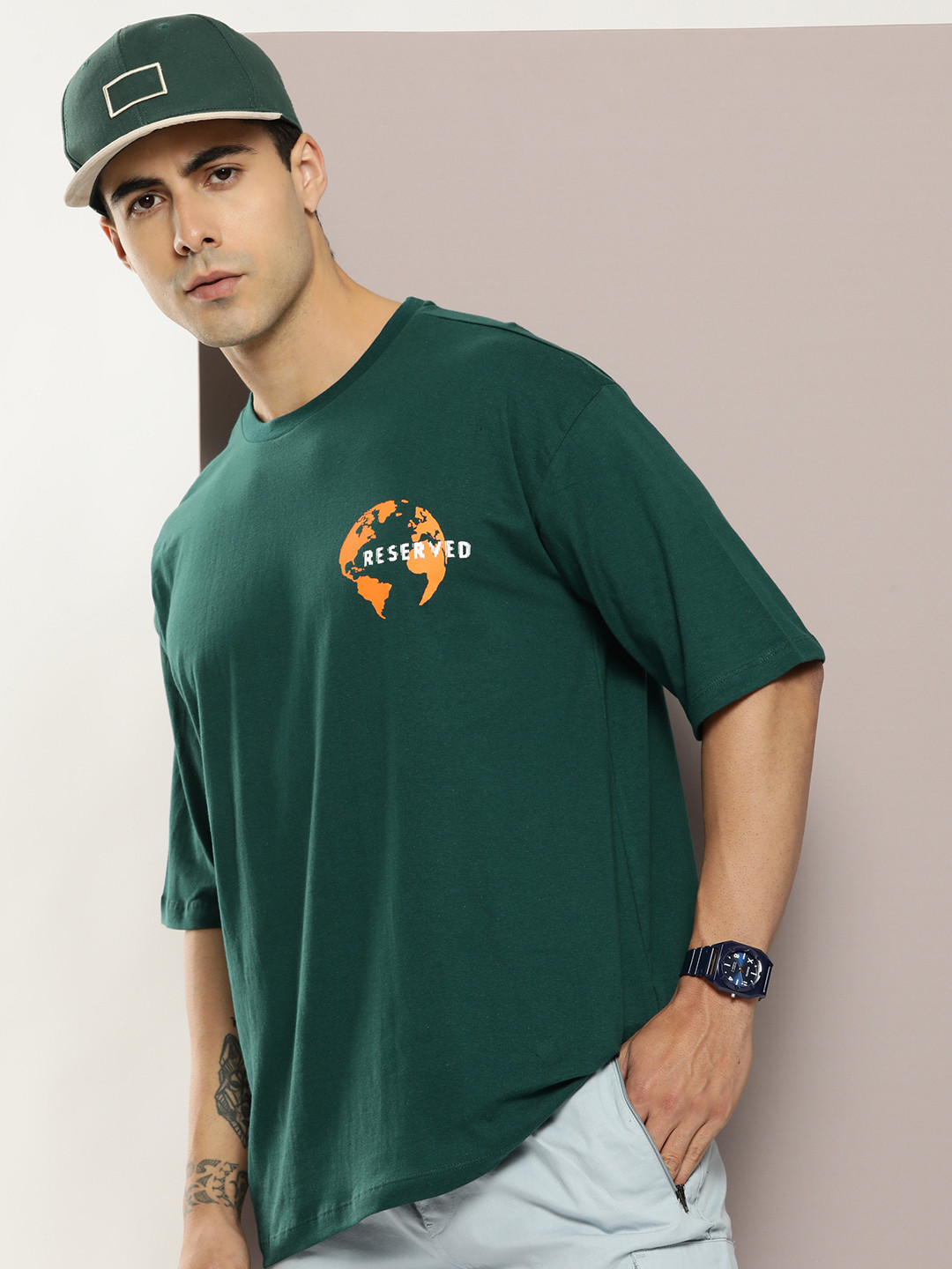 

Kook N Keech Pure Cotton Graphic Printed Drop-Shoulder Sleeves Oversized T-shirt, Green