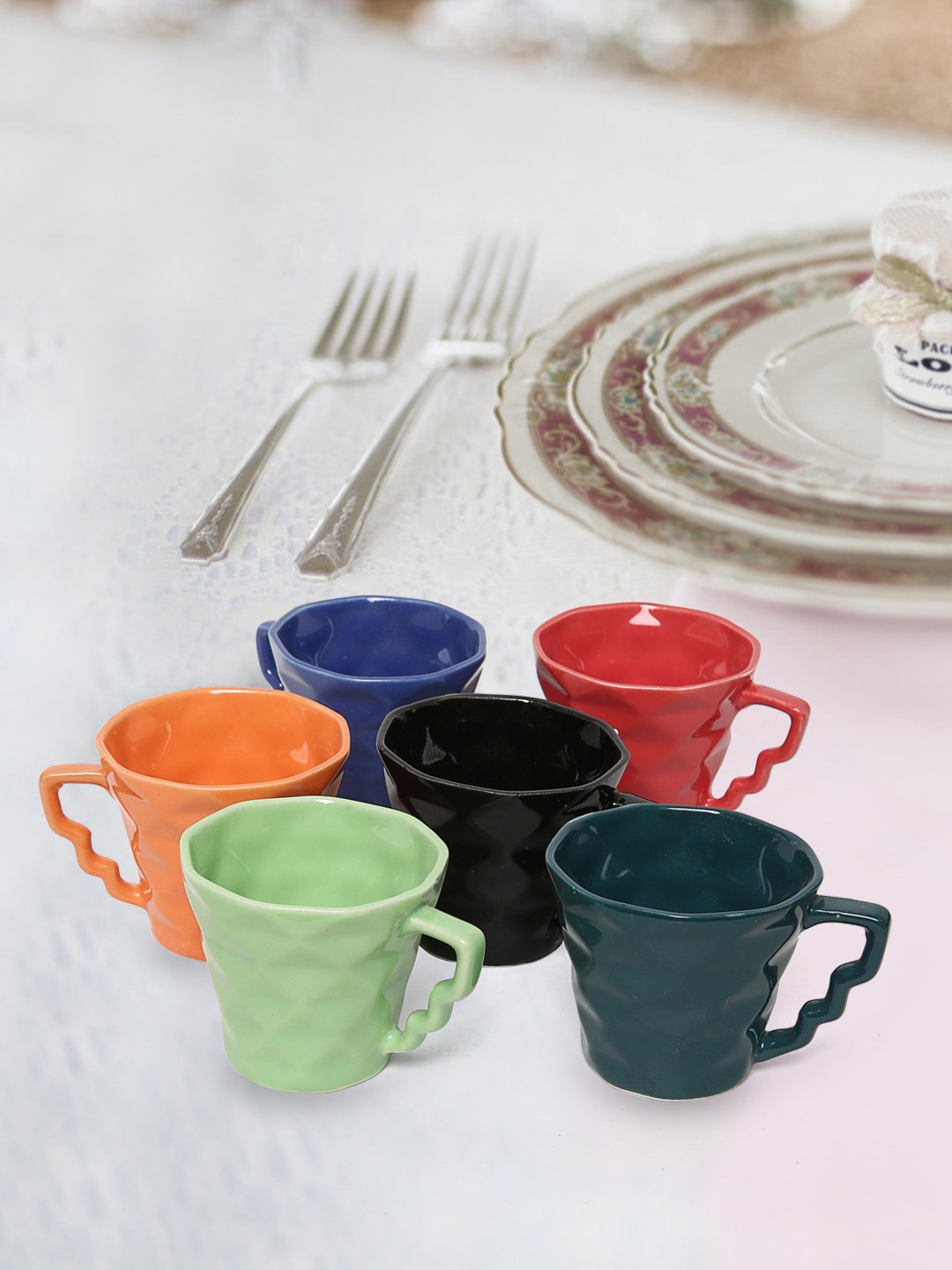 

Unravel India Multicoloured 6-Pieces Textured Ceramic Cups Set, Multi