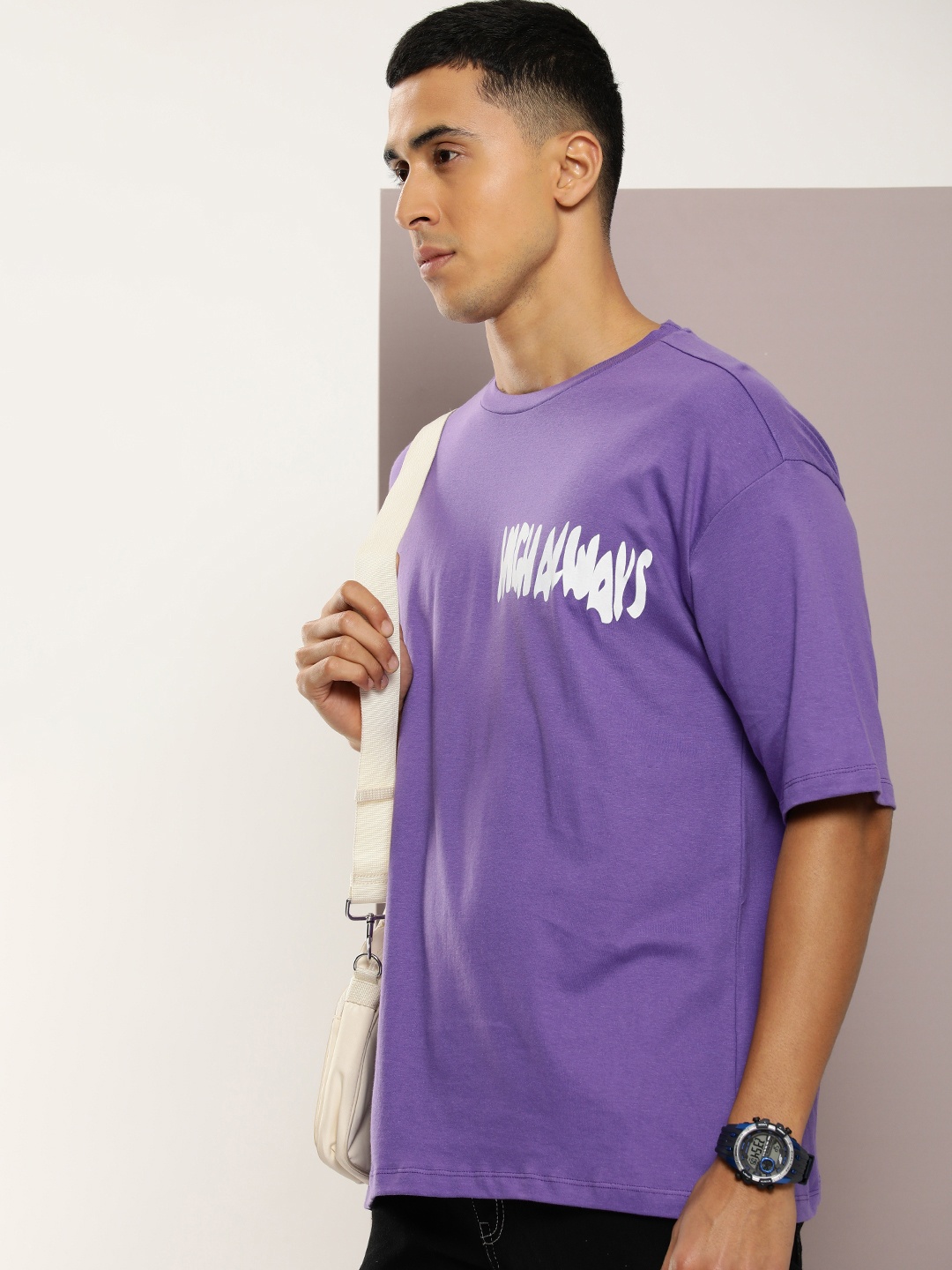 

Kook N Keech Pure Cotton Typography Printed Drop-Shoulder Sleeves Oversized T-shirt, Lavender