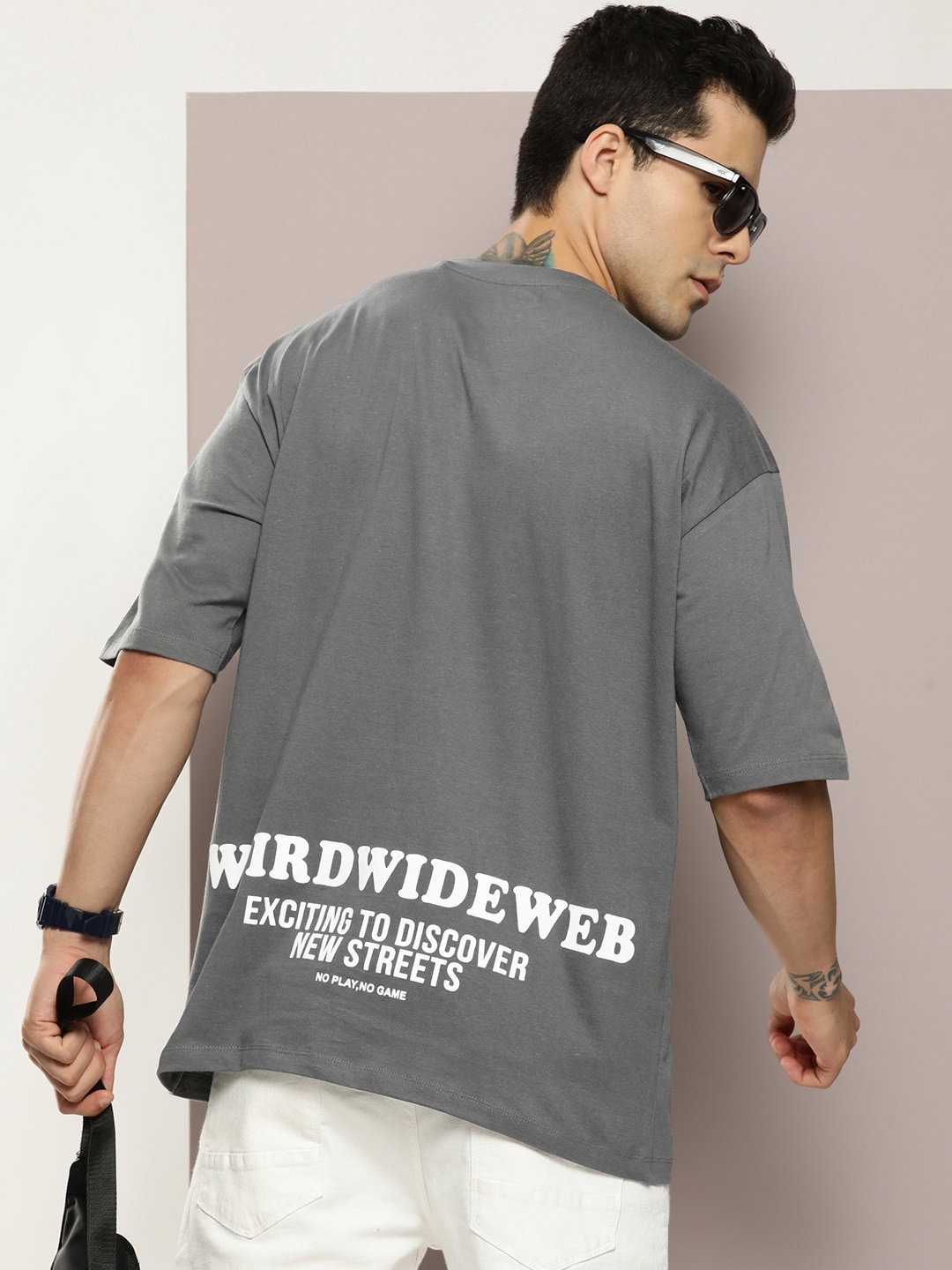 

Kook N Keech Typography Printed Drop-Shoulder Sleeves Pure Cotton Oversized T-shirt, Charcoal