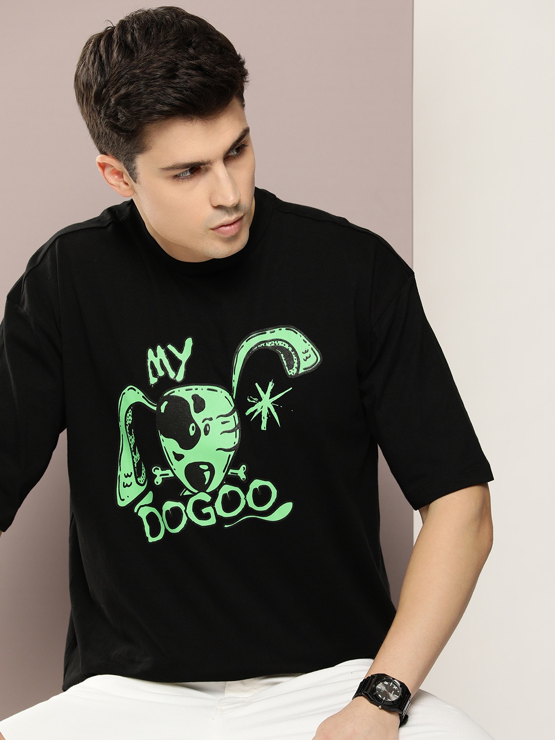 

Kook N Keech Printed Drop-Shoulder Sleeves Oversized Pure Cotton T-shirt, Black