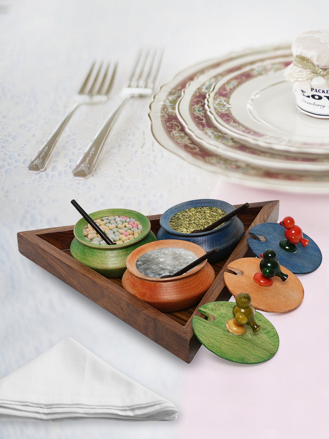 

Unravel India Multicoloured 3-Pieces Solid Wood Jars Set, Multi