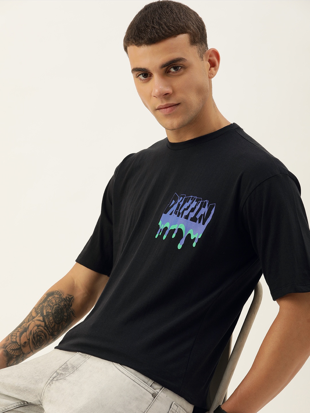 

Kook N Keech Printed Drop-Shoulder Sleeves Pure Cotton Oversize T-shirt, Black