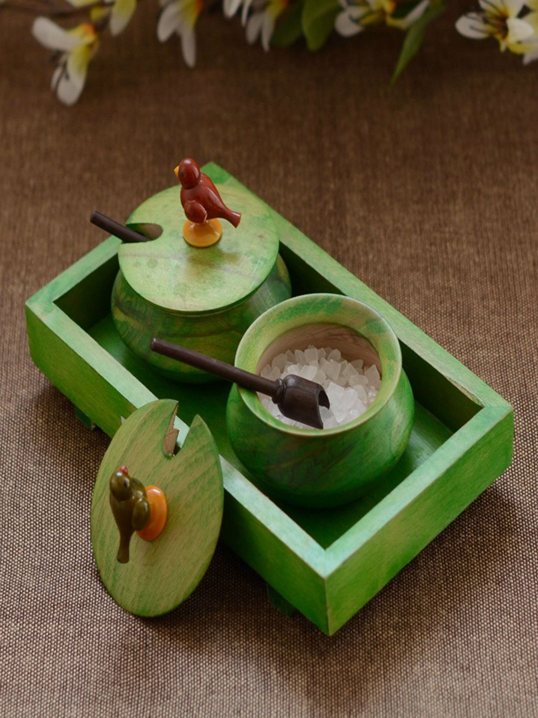 

Unravel India Green 2 Pieces Solid Jar Set with Base Tray