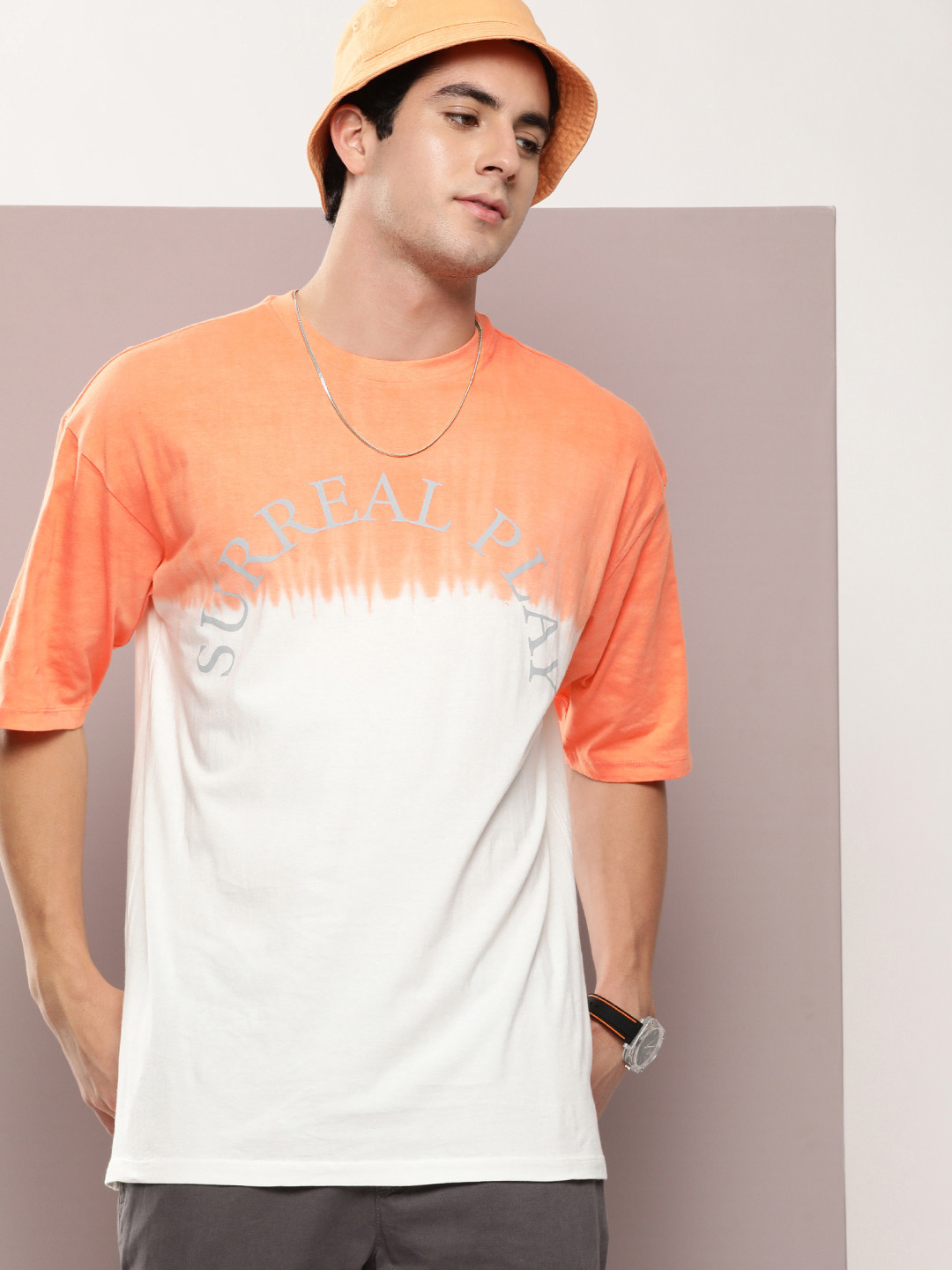 

Kook N Keech Tie and Dye Printed Drop-Shoulder Sleeves Pure Cotton Oversized T-shirt, Orange