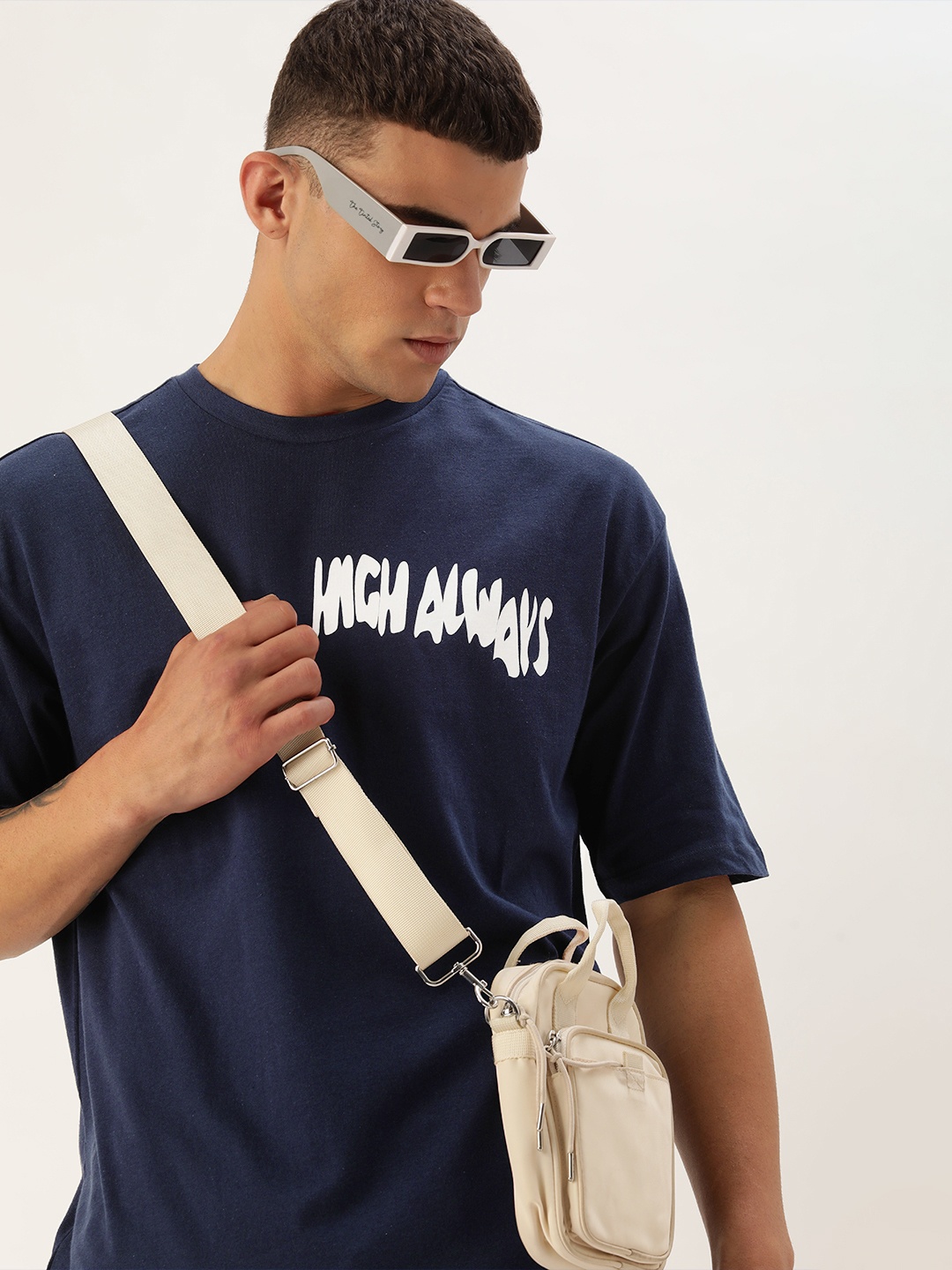 

Kook N Keech Pure Cotton Typography Printed Drop-Shoulder Sleeves Oversized T-shirt, Navy blue