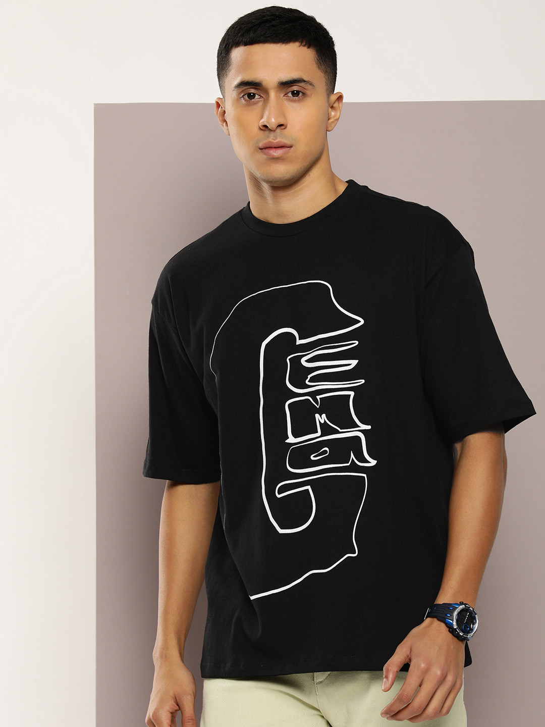 

Kook N Keech Pure Cotton Typography Printed Drop-Shoulder Sleeves Oversized T-shirt, Black