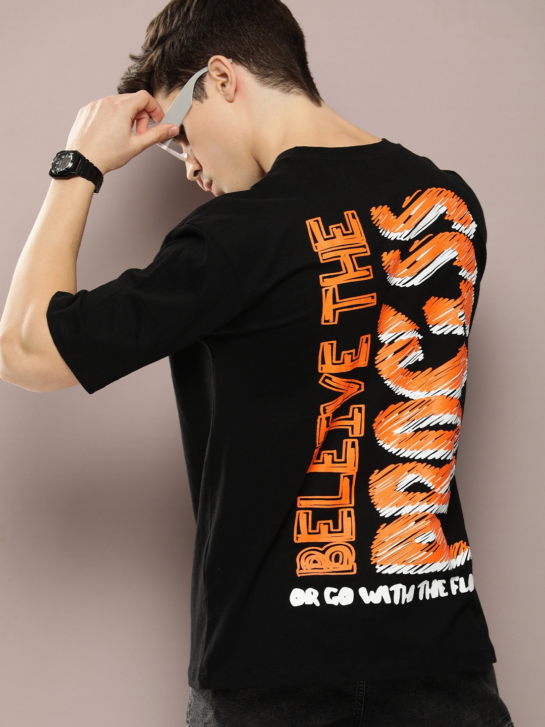 

Kook N Keech Typography Printed Drop-Shoulder Sleeves Pure Cotton Oversized T-shirt, Black