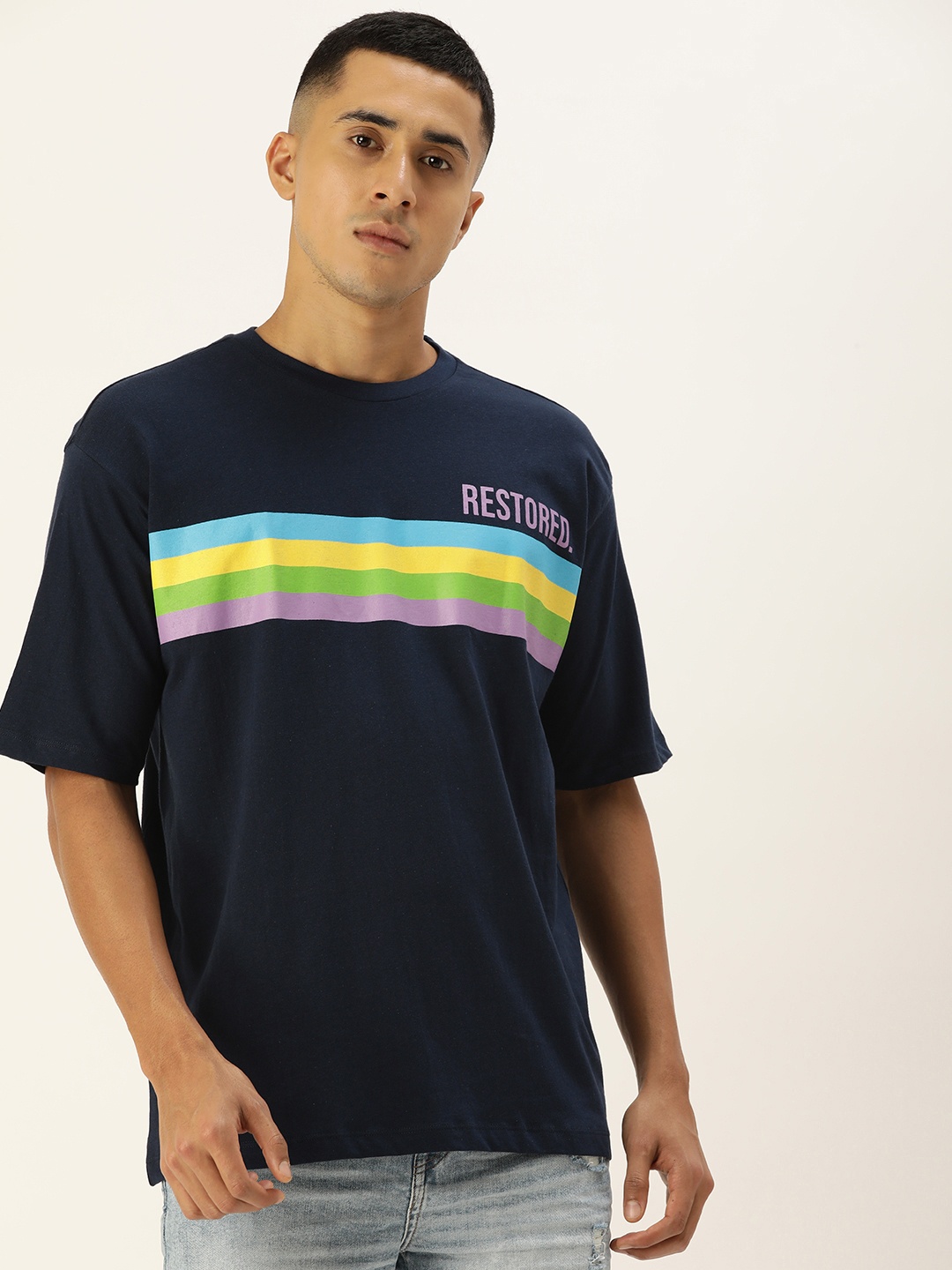 

Kook N Keech Striped Pure Cotton Oversized T-shirt, Navy blue