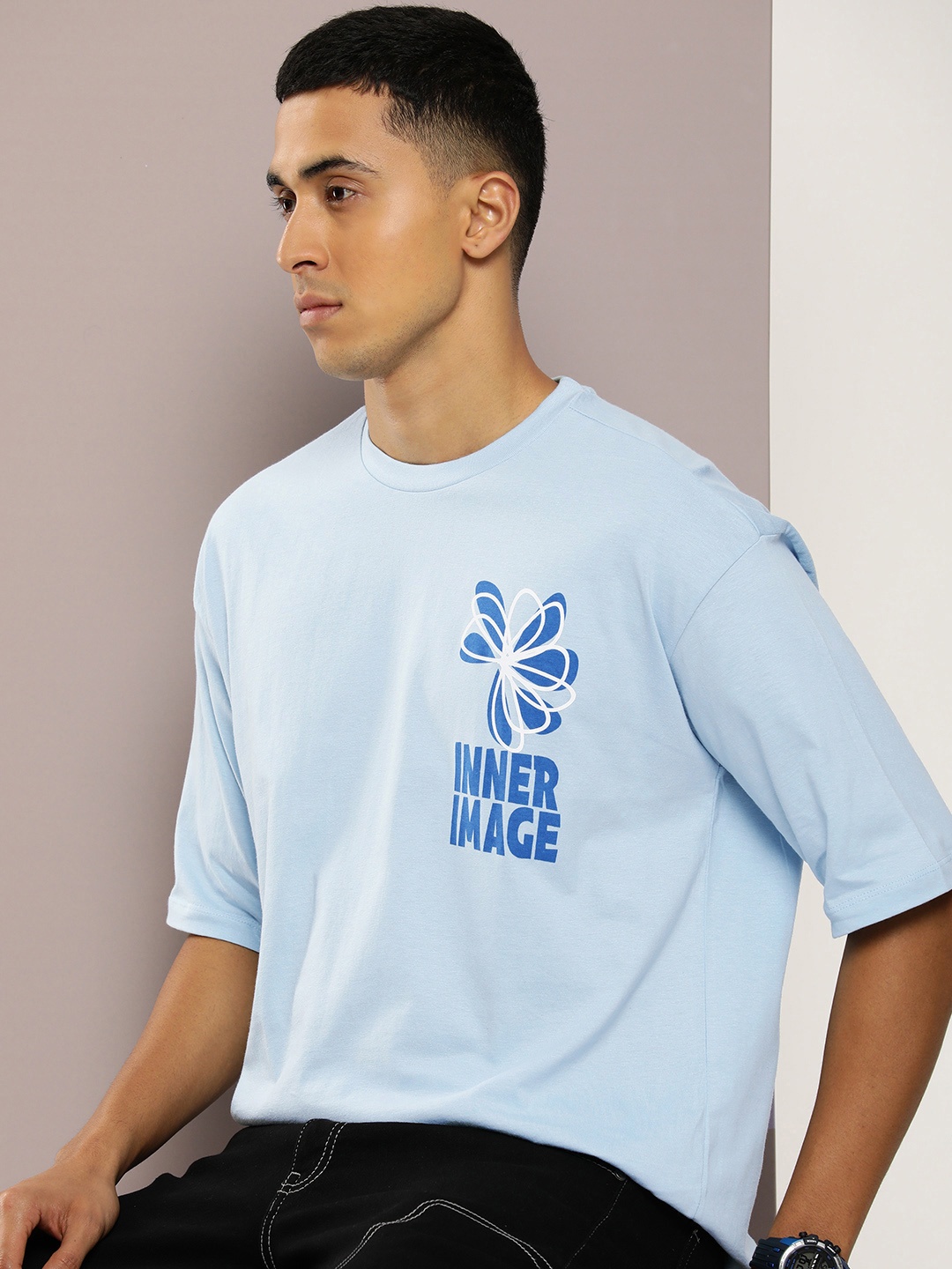 

Kook N Keech Pure Cotton Typography Printed Drop-Shoulder Sleeves Oversized Fit T-shirt, Blue