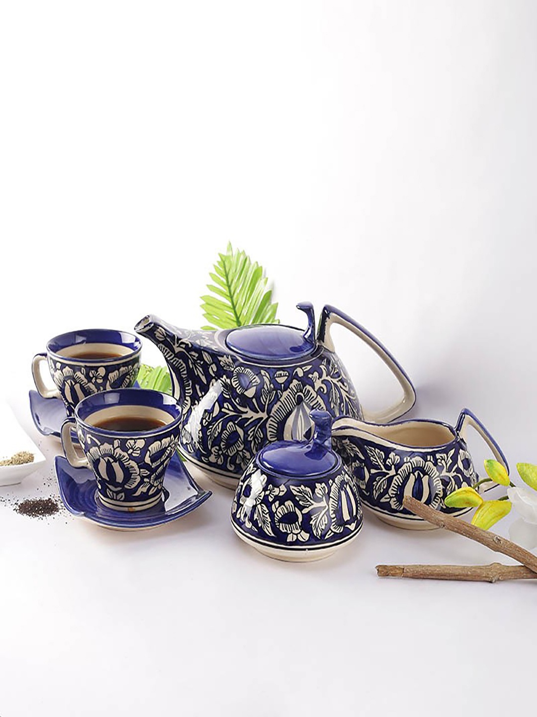 

Unravel India Blue 14-Pieces Printed Stoneware Kettle Set Set