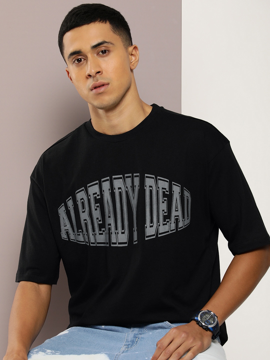 

Kook N Keech Pure Cotton Typography Printed Drop-Shoulder Sleeves Oversized Fit T-shirt, Black