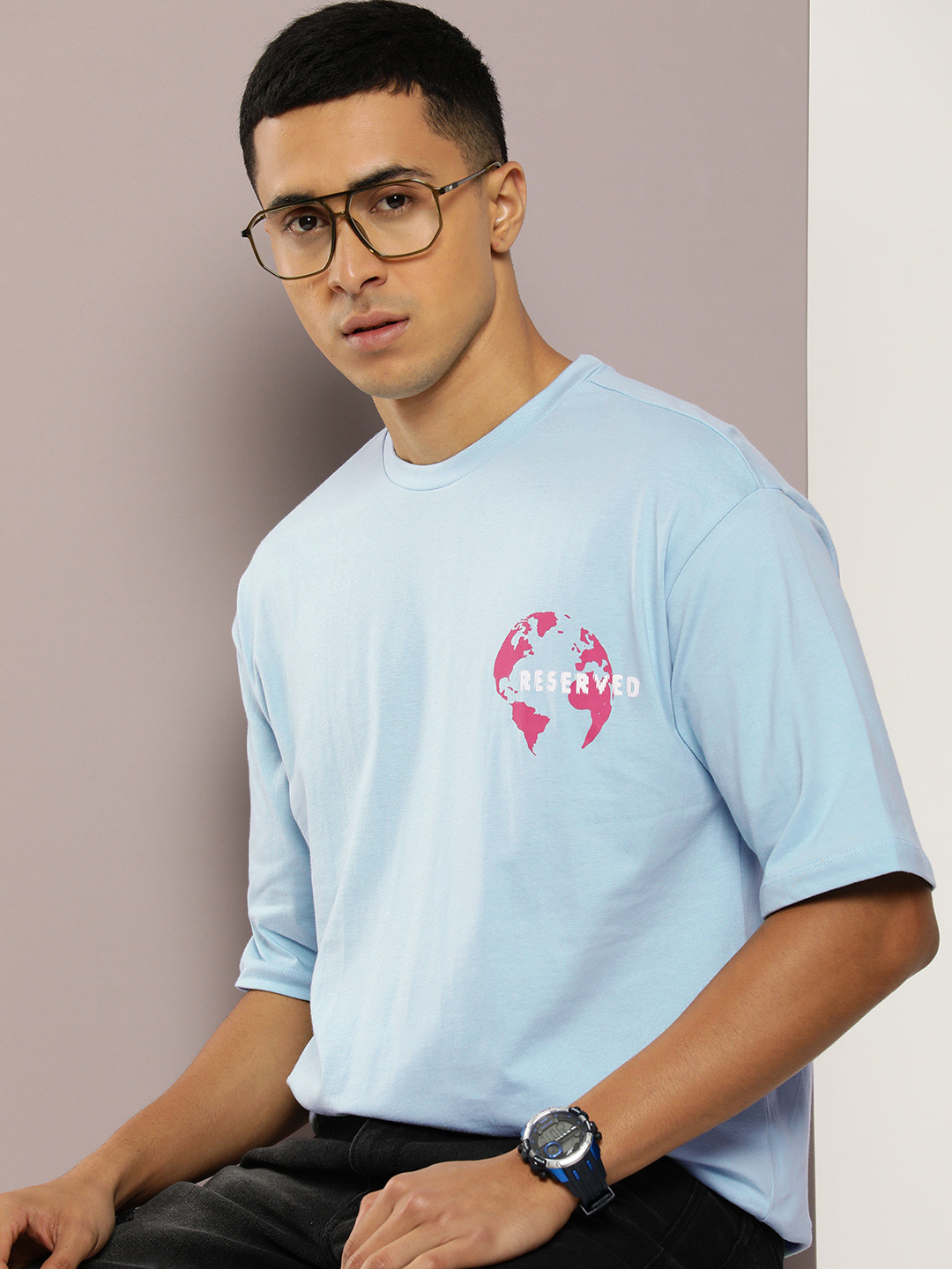 

Kook N Keech Men Blue Printed Drop-Shoulder Sleeves Pure Cotton Oversized T-shirt