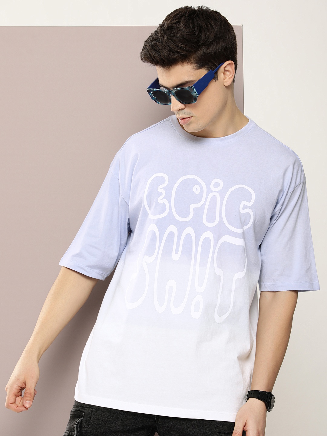 

Kook N Keech Ombre & Graphic Printed Drop-Shoulder Sleeves Pure Cotton Oversized T-shirt, Blue