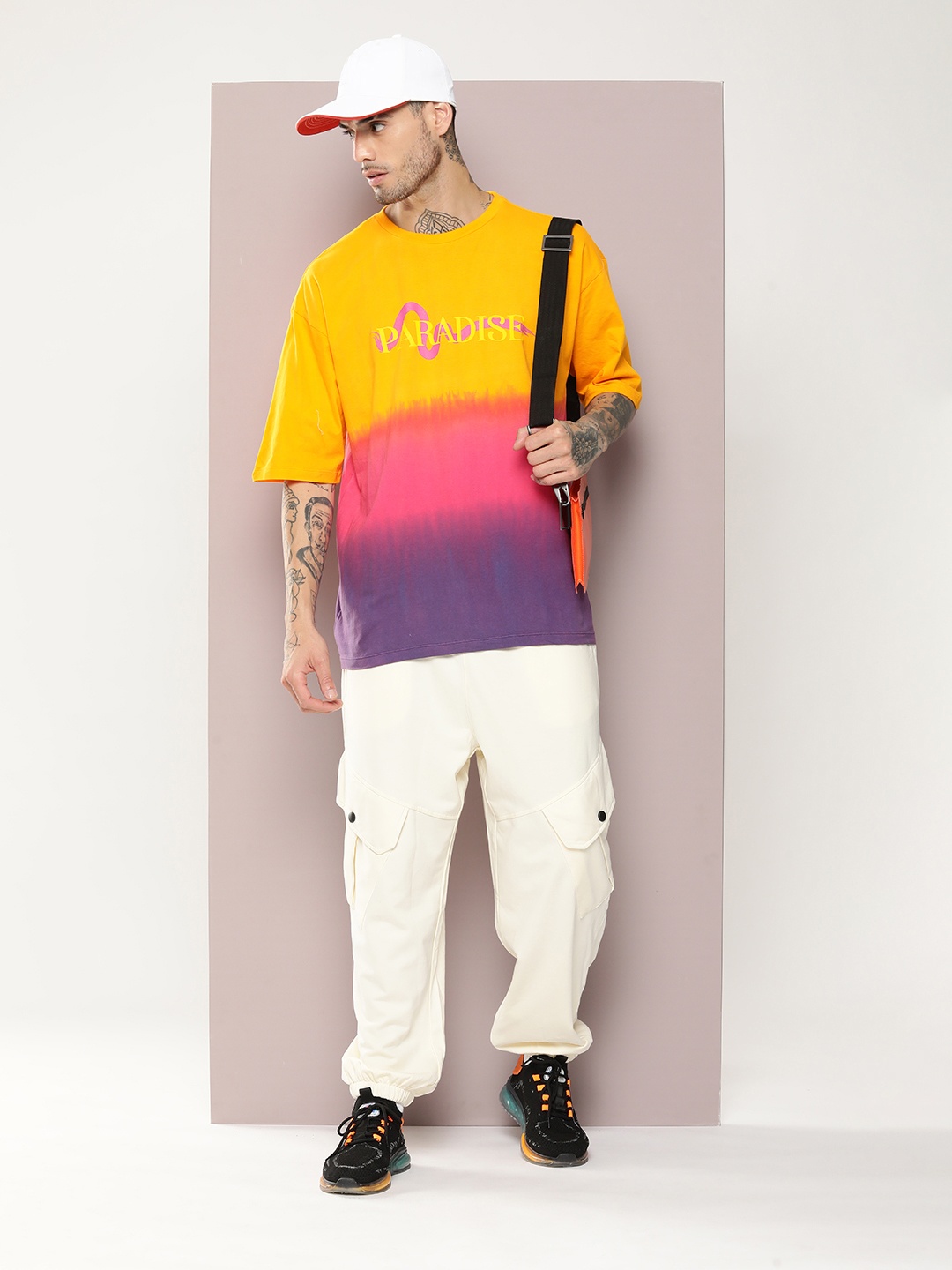 

Kook N Keech Men Tie and Dye Drop-Shoulder Sleeves Oversized Pure Cotton T-shirt, Yellow