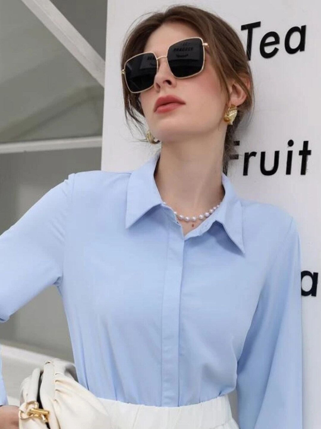 

Styched Shirt Style Cotton Top, Blue